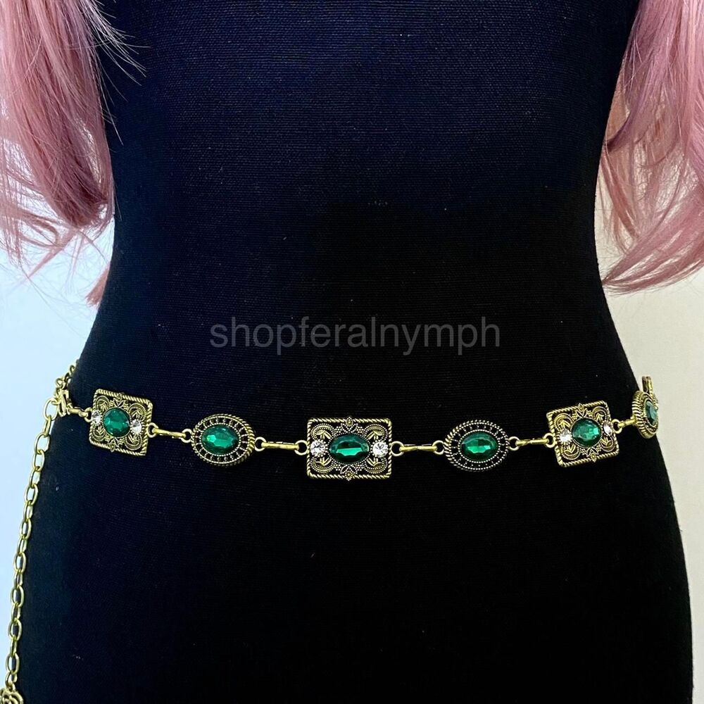 Gold Y2K Emerald Green Jewel Whimsygoth Chain Belt, Fits 26-35 Inches, X7GA1382